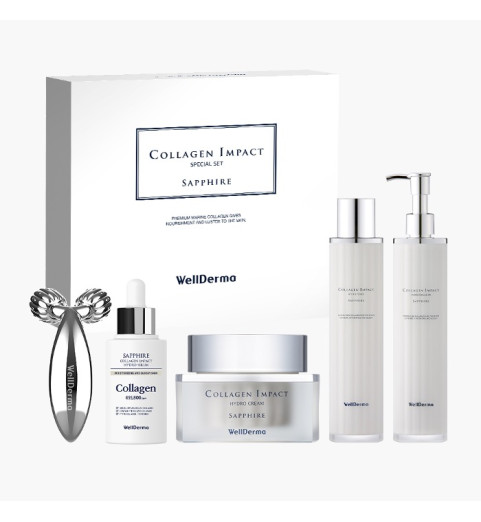 Wellderma Sapphire Collagen Impact Special Set / Премиальный набор из 5 предметов (тоник/ эмульсия/ сыворотка/ крем/ массажер), 100 мл + 100 мл + 50 мл + 50 гр + 1 шт